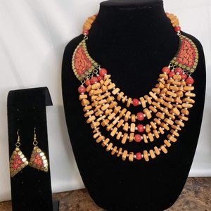 Designer Inspired Orange & Red Beaded Brass Necklace Set